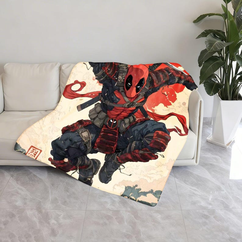 Samurai Deadpool Ukiyo‑e Throw Blanket, Japanese Ninja Deadpool Couch Blanket, Red Sun Katanas Superhero Fleece Blanket, Anime Samurai Super image 3