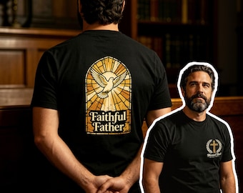 Faithful Father Stained Glass Dove Double‑Sided T‑Shirt, Christian Holy Spirit Sunburst Graphic Tee, Religious Blessed Dad Short Sleeve Top,