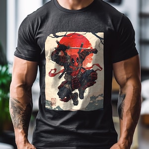 May include: Black t-shirt with a graphic print of Deadpool in a samurai pose with a red background and a red sun. The text "殺斬" is printed on the bottom of the graphic.