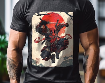 Samurai Deadpool T-Shirt, Marvel-Inspired Graphic Tee, Japanese Style Art Shirt, Gift for Comic Fans, Custom Short Sleeve Shirt