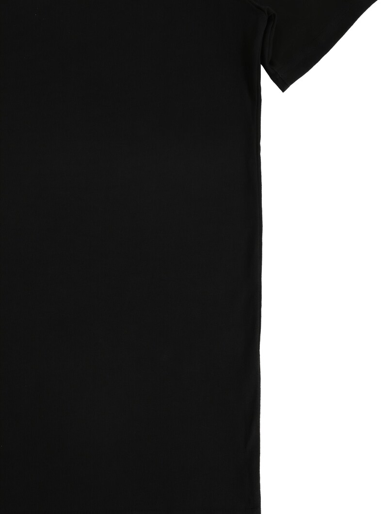 Puede incluir: Una camiseta negra lisa de manga corta. La imagen muestra una parte de la camiseta, con la manga y parte del cuerpo sobre un fondo blanco. La tela parece lisa.