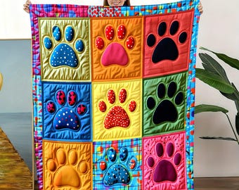 Colorful Paw Print Quilt Blanket, Pet Lover Fleece Throw, Dog Mom Animal Home Decor
