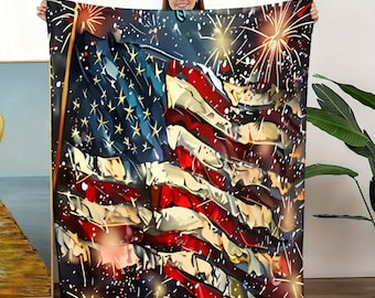 Manta vintage con bandera estadounidense ondeando y fuegos artificiales, manta retro patriótica para sofá de EE. UU., manta suave de forro polar con bandera estadounidense desgastada, 4 de julio.