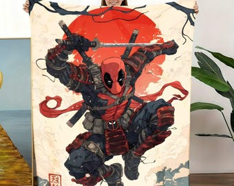 Samurai Deadpool Ukiyo‑e Throw Blanket, Japanese Ninja Deadpool Couch Blanket, Red Sun Katanas Superhero Fleece Blanket, Anime Samurai Super