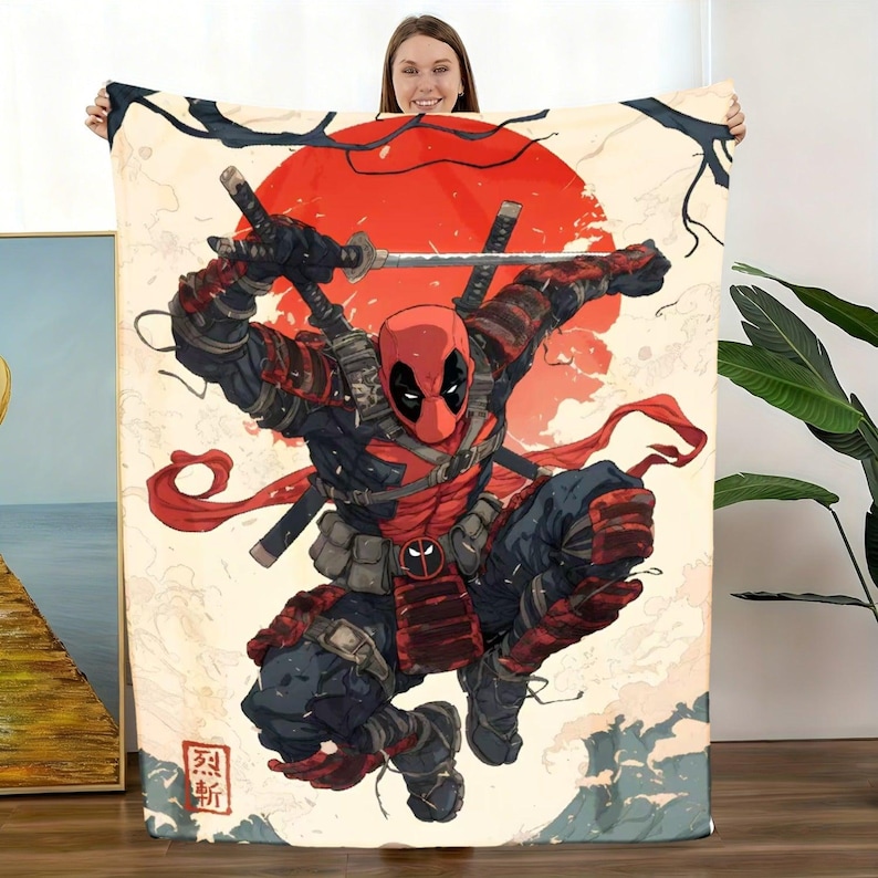 Samurai Deadpool Ukiyo‑e Throw Blanket, Japanese Ninja Deadpool Couch Blanket, Red Sun Katanas Superhero Fleece Blanket, Anime Samurai Super image 1