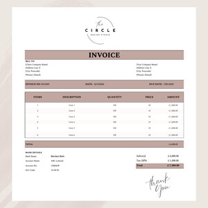 May include: A minimalist invoice template with a brown and white color scheme. The invoice is titled "Invoice" and includes sections for "Bill To", "Invoice No", "Date", "Due Date", "Items", "Description", "Quantity", "Price", "Amount", "Total", and "Bank Details".