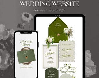 Sage Green and Ivory Floral Luxury Wedding Website, Template with RSVP, Editable Canva Template, Old Money Design, Digital Invitation -BDW03