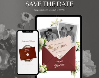 Burgundy Red & Ivory Floral Save the Date Website, Template with RSVP, Editable Canva Template, Old Money Design, Digital Invitation - BDW02