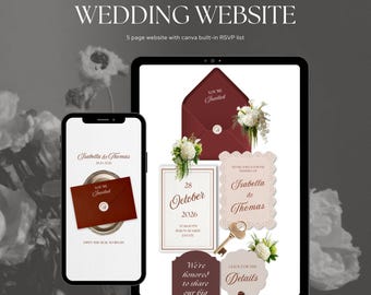Burgundy Red & Ivory Floral Luxury Wedding Website, Template with RSVP, Editable Canva Template, Old Money Design, Digital Invitation-BDW02