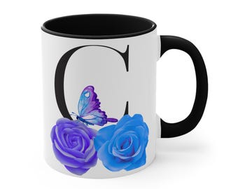 Floral Monogram Mug: Purple & Blue Roses - Elegant Ceramic Coffee Cup