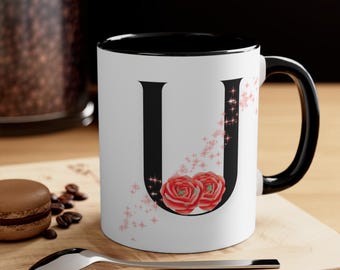 Floral Letter U Coffee Mug, Personalized Gift