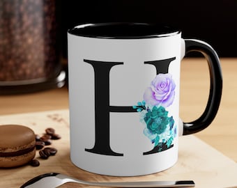 Floral Letter H Coffee Mug: Purple Teal Roses, Personalized Drinkware