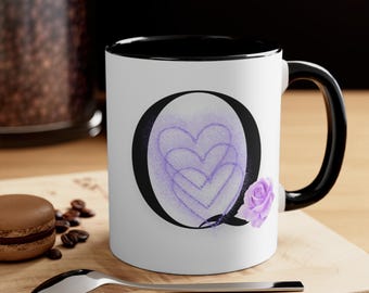 Letter Q Coffee Mug: Purple Glitter Hearts & Lavender Rose