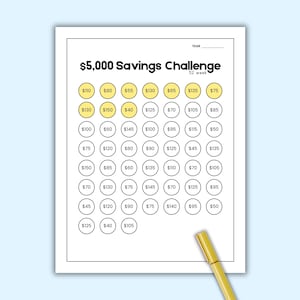May include: A white paper with a $5,000 Savings Challenge chart. The chart has 52 circles with dollar amounts, some highlighted in yellow. A gold pen rests on the bottom right.