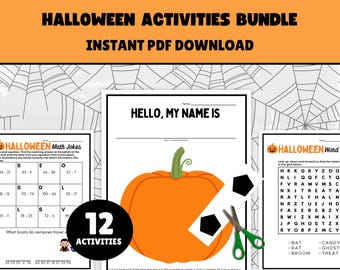 May include: A Halloween Activities Bundle with the text "HALLOWEEN ACTIVITIES BUNDLE INSTANT PDF DOWNLOAD". The bundle includes 12 activities, such as math jokes and word searches, with a pumpkin and spider web background.