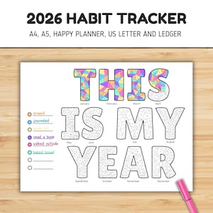 2026 Habit Tracker Coloring Page, Year in Pixels, Planner Insert, Workout Tracker, Hobby Tracker, Reading Tracker (Digital Download)