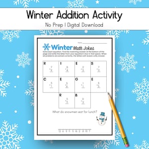 Puede incluir: Una hoja de trabajo digital titulada "Winter Addition Activity" con problemas de matemáticas y el texto "Winter Math Jokes". La hoja de trabajo incluye problemas de suma y un espacio para escribir las letras para revelar una respuesta tonta. Un lápiz descansa en la página.