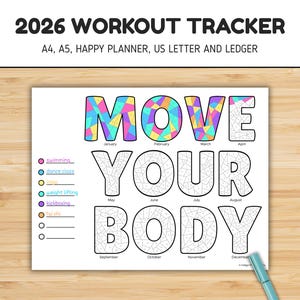 2026 Workout Tracker, Planner Coloring Page, Exercise Journal, Movement Tracker, Year in Pixels, Planner Insert