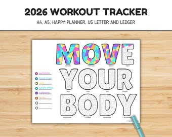 2026 Workout Tracker, Ausmalseite, Übungstagebuch, Bewegungstracker, Jahr in Pixel, Planereinlage