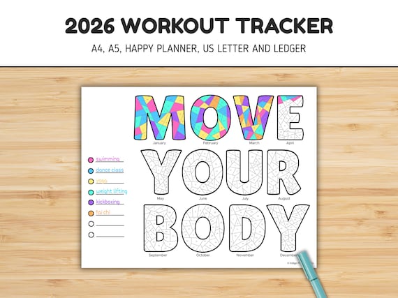 2026 Workout Tracker, Planner Coloring Page, Exercise Journal, Movement Tracker, Year in Pixels, Planner Insert
