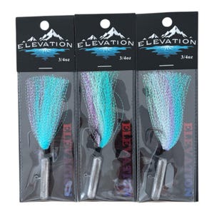 May include: Three packages of fishing lures with blue, purple, and white feathers. Each package has the text "ELEVATION" and "3/4oz" printed on it.