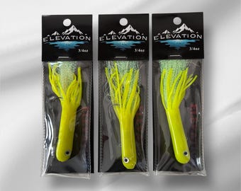 3 Pack 3/4 oz 4 inch Chartreuse/Chartreuse Glow Tinsel Tube Jigs