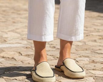 Handgemaakte raffia-pantoffels, zomersandalen dames, Marokkaanse strandschoenen