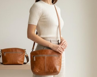 Handmade Genuine Leather Crossbody Bag, Zipper Pocket