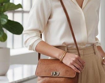 Brown Leather Crossbody Bag, Handmade Organizer Handbag with Adjustable Strap