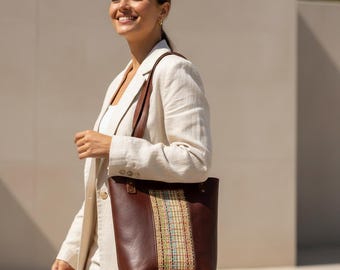 Handmade Leather Tote Bag, Woven Centerpiece, Shopper Bag