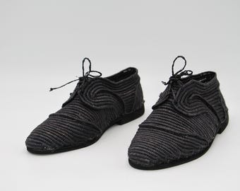 Black Raffia Loafer Shoes, Unisex Handmade Moccasins