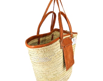 Handgewebte marokkanische Strohkorb-Tasche, veganes Leder-Detail