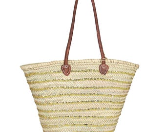 Handgewebte marokkanische Strohkorb-Tasche, Vegan Ledergriffe