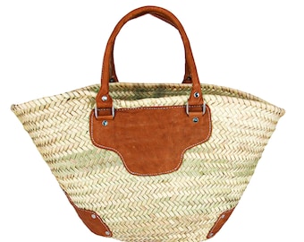 Handgewebte marokkanische Strohkorb-Tasche, veganes Leder-Detail