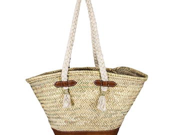 Handgewebte marokkanische Strohkorb-Tasche, veganes Leder-Detail
