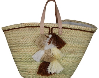 Handgewebte marokkanische Strohkorb-Tasche, veganes Leder-Detail
