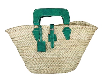 Handmade Moroccan Straw Basket Bag, Green Vegan Leather Handles