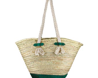 Handwoven Moroccan Straw Basket Bag, Green Vegan Leather Detail