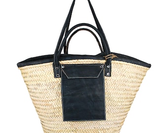 Handgewebte marokkanische Strohkorb-Tasche, veganes Leder-Detail