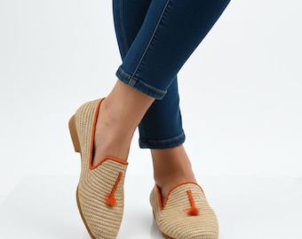 Handmade Raffia Loafer Shoes, Moroccan Unisex Moccasins