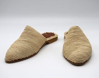 Handgemaakte raffia-pantoffels, zomersandalen dames, Marokkaanse strandschoenen