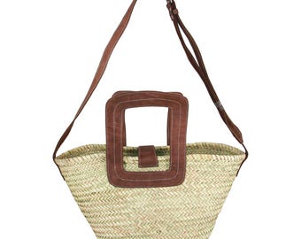 Handgewebte marokkanische Strohkorb-Tasche, veganes Leder-Detail