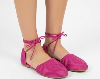 Handmade Pink Raffia Lace Up Flats - Women's Summer Shoes