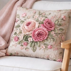 PRINTED - Vintage Pink Rose Pillow Cover, Romantic English Garden Floral Cushion, Cottage Decor