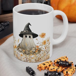 Ceramic Mug, Cute Cottagecore Ghost Coffee Mug, Spooky Witchy Mugs for Ghost Lovers, Halloween Gift Cup, Fall Mugs, Wildflower Ghost