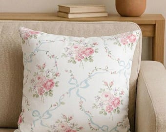 Coquette Floral Pillow Cover,Vintage Rose Bow Cushion,Shabby Chic Cottagecore Decor,French Vintage Pastel Throw Pillow,Romantic Room Decor