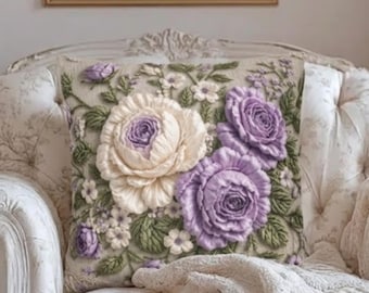 Luxury Floral Embroidered Look Throw Pillow Cover|Cottagecore Lavender and Cream Decorative Cushion|Vintage Shabbychic Pillow Sofa Bed Decor