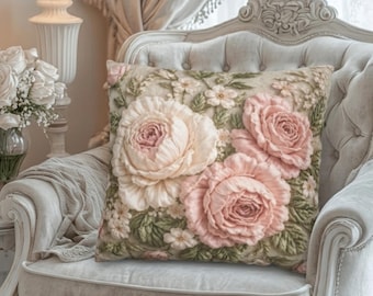 Vintage Embroidery Look PRINTED Floral Pillow Cover Blush Pink Rose Cushion Cottagecore Home Decor Throw Pillow Cover Luxury Accent Pillow