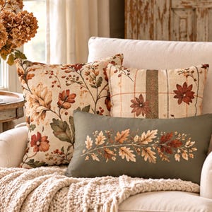 Fall Pillow Cover ,Autumn Botanical Pillow Covers, Vintage Floral & Plaid Pillows, Shabby Chic Fall Decor, Cottagecore Farmhouse