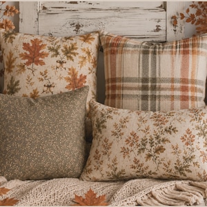 Fronha Folhas de Outono | Almofada Botânica de Outono, Almofada Floral com Folhas de Carvalho, Bolotas e Frutos Silvestres, Decoração Vintage Cottagecore, Almofada Decorativa Neutra para o Outono